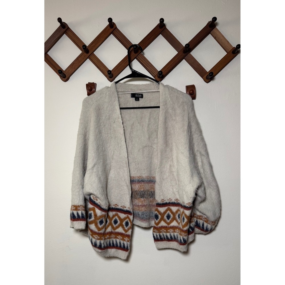 ANA A New Approach Womens Medium Fuzzy Eyelash Knit Southwestern Cardigan Cream
